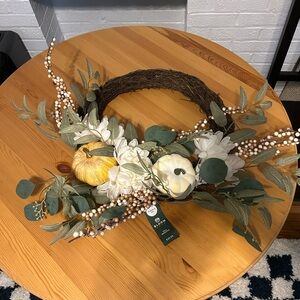 Pumpkin Wreath Autumn with Greenery and fall colors door wreath, elegant natural